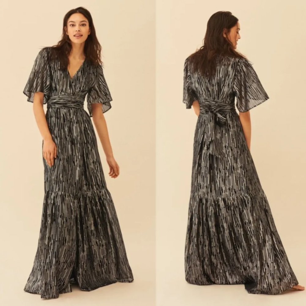Ba&sh Dress Metallic Crossover-Neck Tie Maxi Party Black Gold Size 0 (zero)